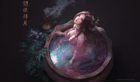 Ritual - woman, lady, female, long hair, water, plants, fantasy, brown hair, abstract, pink, beautiful, bathtub, fantasy woman, cute, dress, incenses