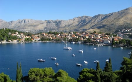 Cavtat, Croatia - town, boats, croatia, mountains, sea, bay, europe