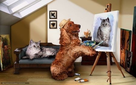 Dog Painter and Cat - artist, cat, dog, animals, digital art