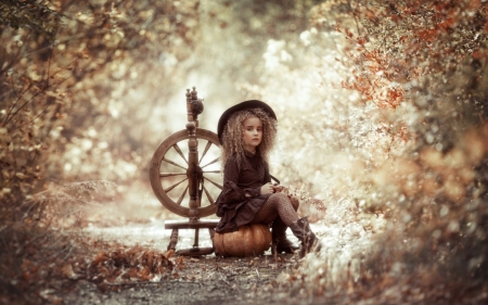 Little witch - hat, pumpkin, girl, child, copil, black, witch, halloween, autumn leaf, orange, little