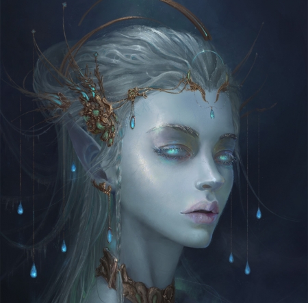 Elf queen - elf, jeewl, jewel, frumusete, fantasy, face, art, luminos, blue, green