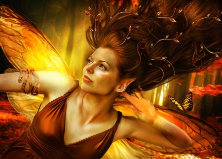 Tell me all - fantasy, yellow, girl, butterfly, fairy, orange, luminos, lulebel