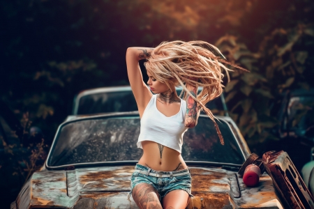 Beauty - jeans, tattoo, summer, blue, girl, blonde, car, woman, model