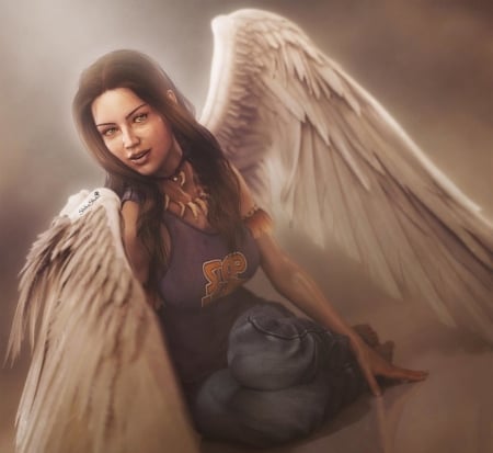 Green-eyed angel - inger, girl, angel, feathe, wings, shibashake, fantasy, white, luminos