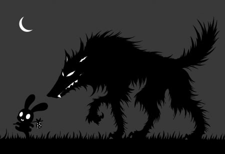 :D - moon, rabbit, bunny, dark, black, lup, fantasy, white, big bad wolf