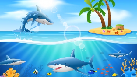 Sharks at Sea - palm trees, ocean, sunlight, island, fish, sharks, sea, firefox persona theme