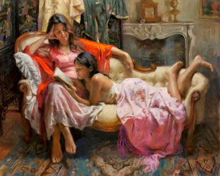 Time for reading a book - woman, girl, sofa, mother, child, copil, painting, art, vicente romero redondo, pink, luminos, orange, pictura