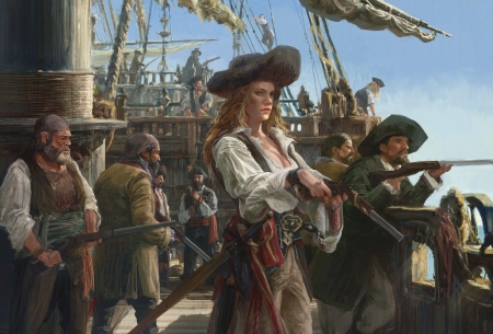 Pirates - fantasy, people, pirates, girl, man, art, luminos