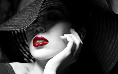 Beauty - face, red, black, model, bw, girl, white, hat, lips, hand, woman