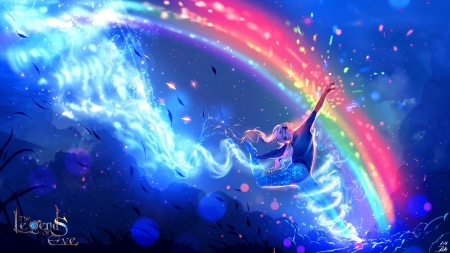 With the wind - rainbow, girl, ryky, fantasy, wind, art, the legends of eve, luminos, pink, blue