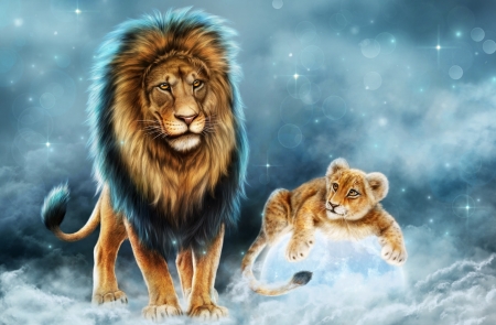 Father and son - blue, leu, snow, animal, iarna, lion, alenaekaterinburg, luminos, luna, big cats, moon, winter, cub, orange, frumusete, cute, father