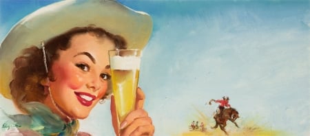 Salud! - face, cowgirl, hat, gil elvgren, art