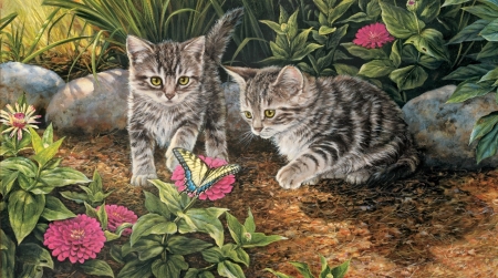 Double Trouble - butterfly, cats, eyes, flowers, kittens
