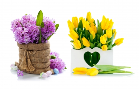 Spring flowers - white, heart, yellow, lilac, spring, card, pink, tulip