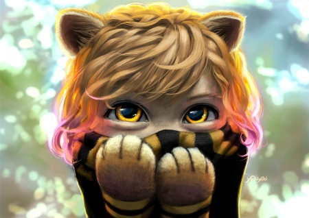 Dora - paw, cat, girl, lion, eyes, pisica, fantasy, cassio yoshiyaki, yellow, pink, luminos, cute