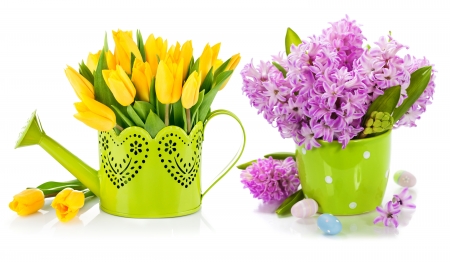 Spring flowers - yellow, green, spring, card, flower, pink, tulip