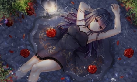 Girl - girl, tagme, red, anime, black, rose, flower, manga