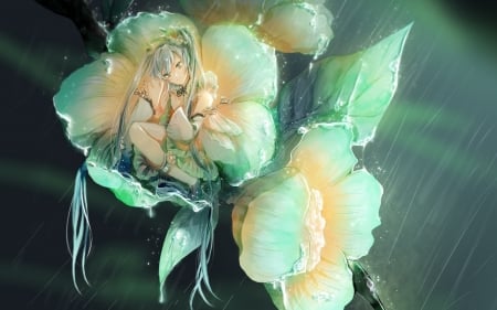 Miku - anime, blue, trandafir, hatsune miku, flower, orange, manga, fantasy, rain, rose, fairy, luminos