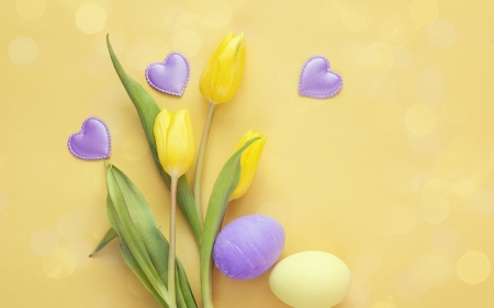 Easter - eggs, tulips, Easter eggs, yellow, purple, Spring, hearts