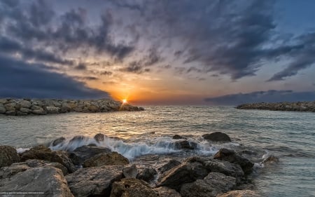 Sunrise at France Coast - sea, sunrise, France, rocks