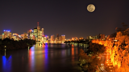 Full Moon Above the City - moon, river, nature, lights, city, night, reflection