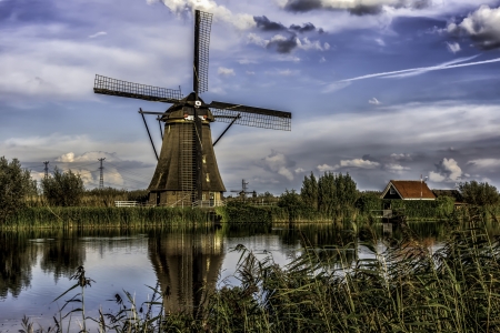 Kinderdijk Windmill,Netherland - nature, houses, trees, river, clouds, windmill