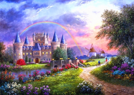 Ineraray castle - sky, rainbow, colorful, mills, spring, painting, fairytale, art, beautiful, castle