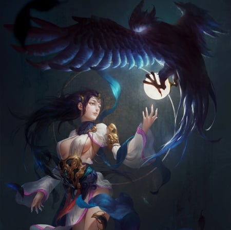 Dragon Moon - moon, bird, gjschoolart, blue, girl, bufnita, feather, dark, owl, frumusete, fantasy, dragon, wings, art, luminos