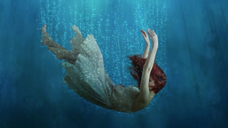 Underwater dream - fantasy, water, redhead, summer, underwater, girl, art, luminos