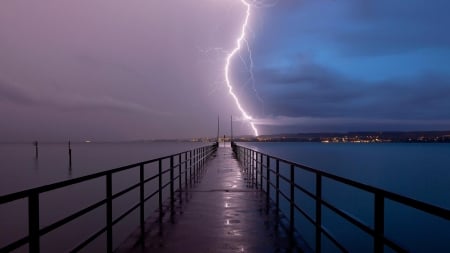 A Lightning Strike Separate the Sky - storm, clouds, horizon, Nature, sea, ocean, pier, thunderstorm, lightning