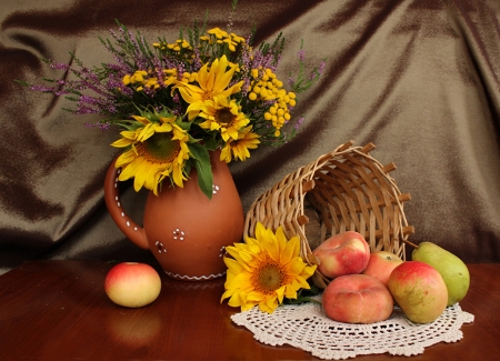 Still Life - Sunflowers, Basket, Apples, Pitcher