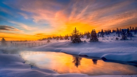 Rogaland in Winter (Norway) - horizon, winter, rogaland, snow, sunrise, reflection, dawn, river, nature