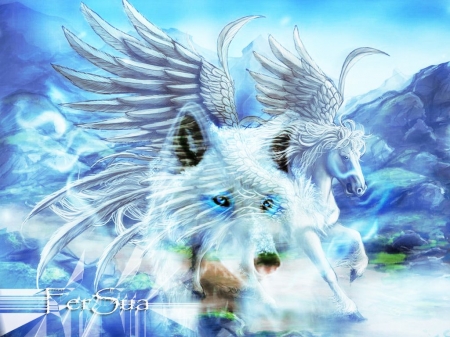 Wolf and Pegasus - winter, predator, snow, art, horse