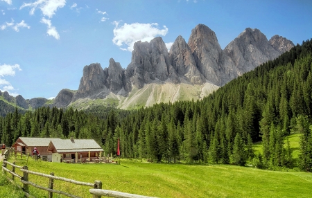 Forest in the Mountains - sky, forest, mountains, houses, trees, nature, grass