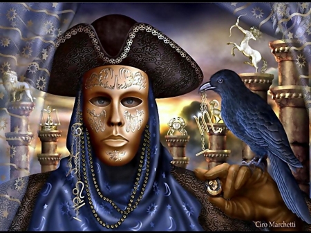 The Pirate - painting, ship, hat, mask, man, bird