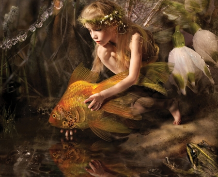 Fairy with a golden fish - girl, summer, child, copil, creative, fantasy, golden fish, orange, fairy, flower