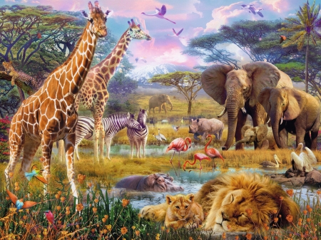 Africa - elephant, lion, luminos, animal, africa, giraffe, fantasy