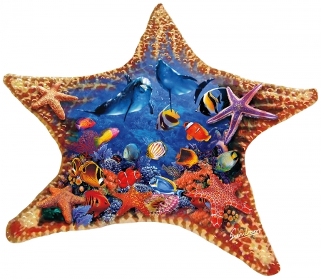 Starfish - water, summer, blue, sea, orange, starfish, fantasy, white, fish, art, vara