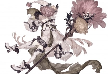 Witch - white, witch, ozyako, girl, pink, anime, flower, manga