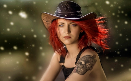 ~Cowgirl~ - hat, red hair, tattoo, cowgirl, redhead, skull