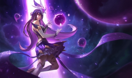 Star Guardian Syndra - syndra, girl, fantasy, star guardian, luminos, pink, blue, league of legends, planet