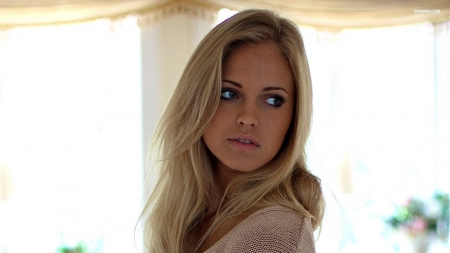 Emilie Marie Nereng - windows, curtains, pink sweater, pretty blue eyes, columns, blonde