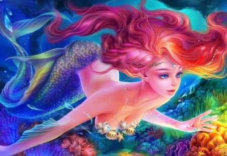 Rainbow Mermaid - woman, rainbow, female, girl, fantasy, art, pretty, beautiful, mermaid, colors, digital