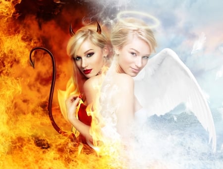 Angel and demon - yellow, girl, blonde, feather, angel, creative, frumusete, fantasy, white, fire, woman, model, wings, luminos