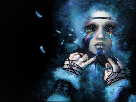 Avian - girl, frumusete, black, fantasy, avian, luminos, blue, hand, feather