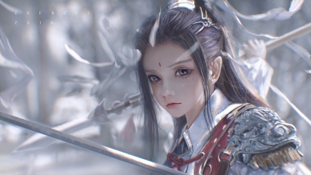 As the snow - snow, girl, sword, fantasy, face, art, asian, cheng li, luminos