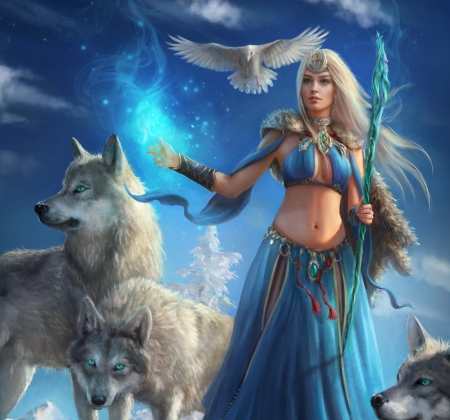 Fantasy girl - bird, blue, wolf, dove, girl, dennis frohlich, frumusete, lup, fantasy, white, animal, pasare, mareshka, luminos