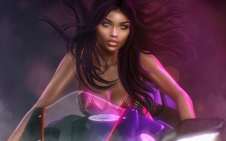 Girl on motorcycle - fantasy, wind, rendering, girl, motorcylce, luminos