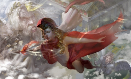 Athena - girl, zeus, god, fantasy, white, goddess, hgjart, red, cloud, art, luminos, athena