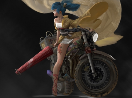 Biker - motorcycle, blue, girl, fantasy, white, umbrella, red, fish man, art, luminos